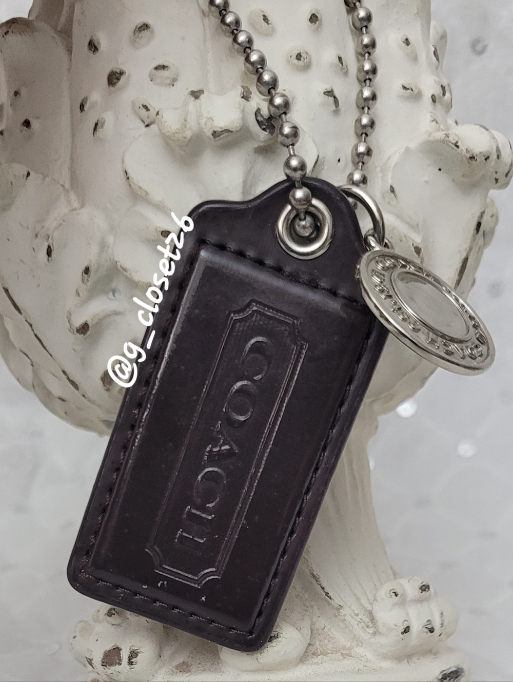Coach Dark Brown Leather Key Tag with Silver-tone Charm